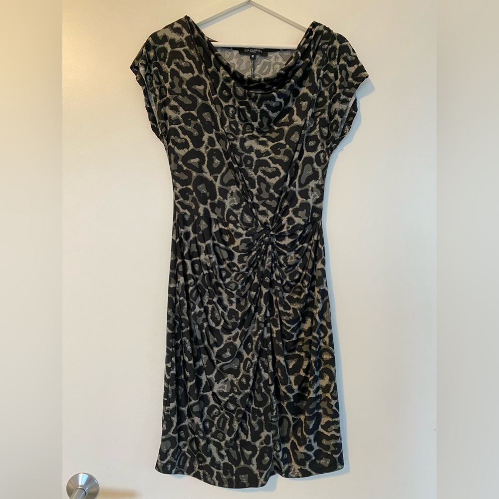 EUC Ilse Jacobsen black animal print cowl ruched dress